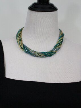 Murano Glass Nason A Necklace Twisted Beaded Multi Strand Gold Teal Italy NWT